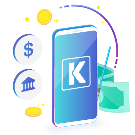 Smartphone with various elements including money symbol and a bank icon